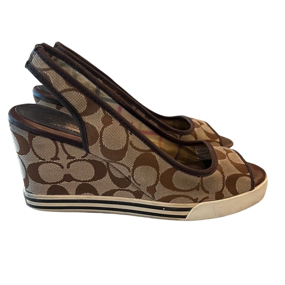 Women’s Genuine Coach Sydney Monogram Peep Toe Wedges 8.5 Brown Tan - Picture 5 of 15